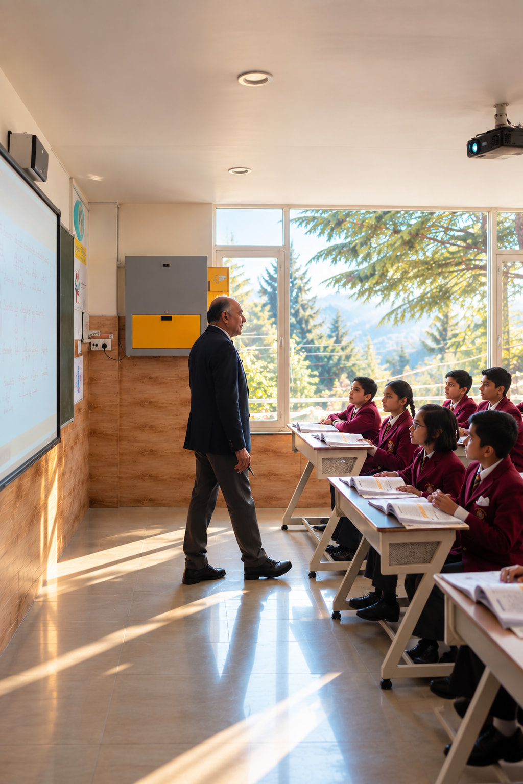 A teacher leading a lesson in a sunlit Dalhousie classroom