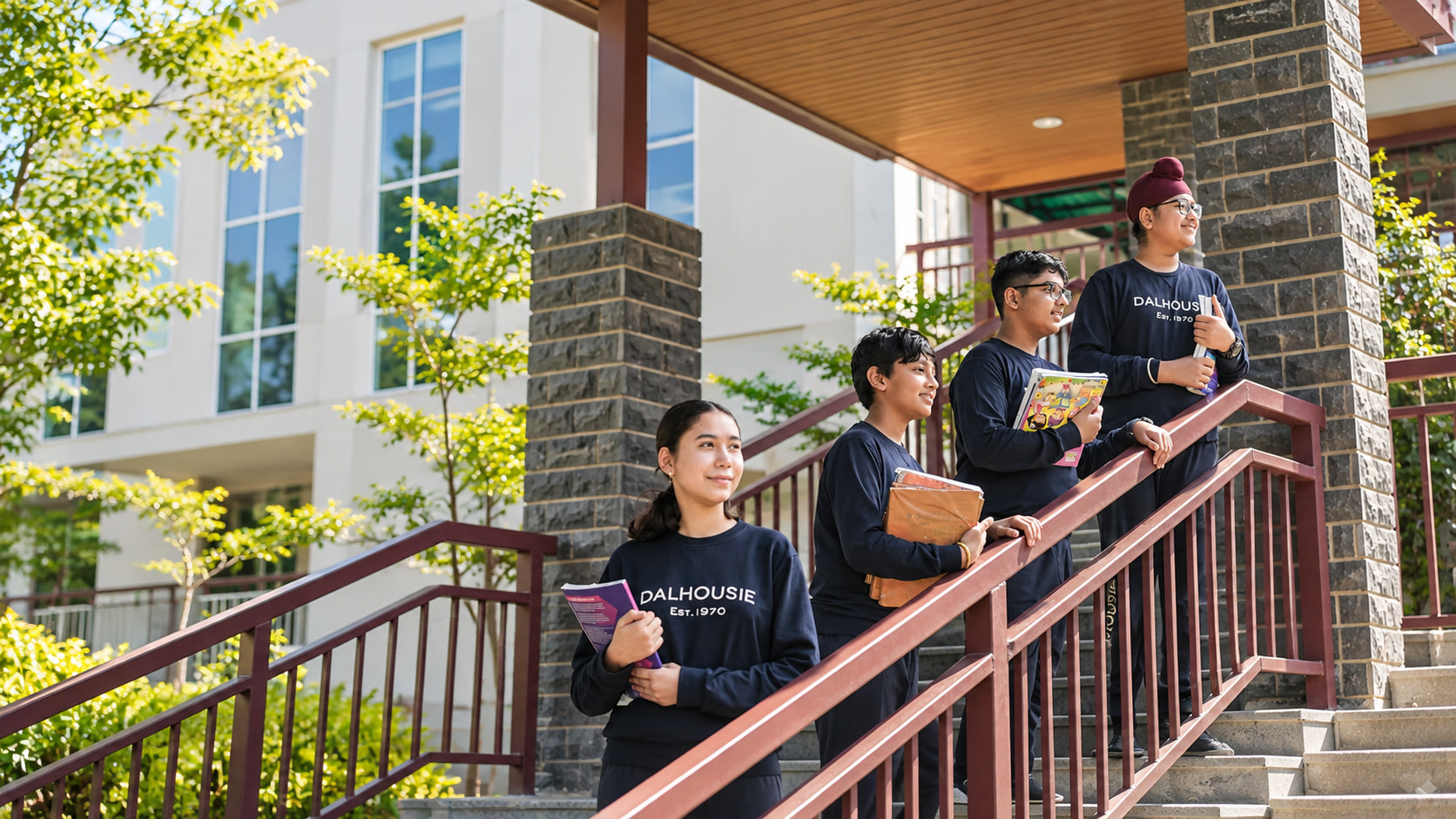 Students on the school steps together