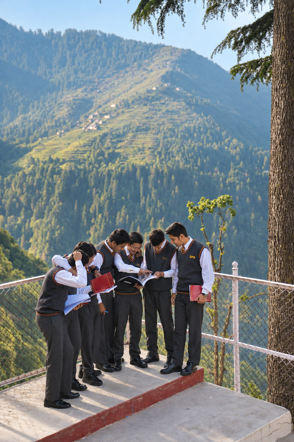 Senior students studying together above the valley