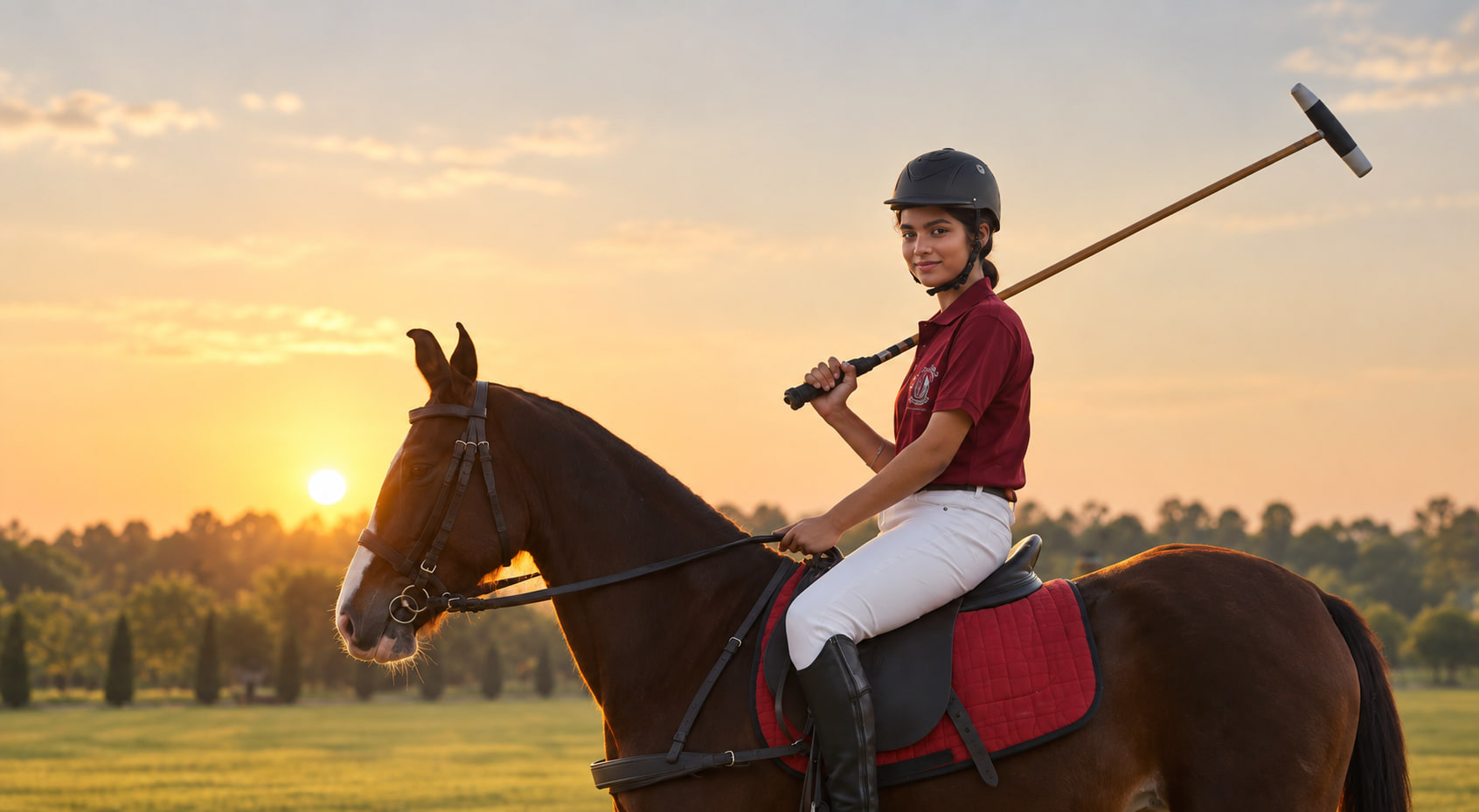 A polo rider at sunset
