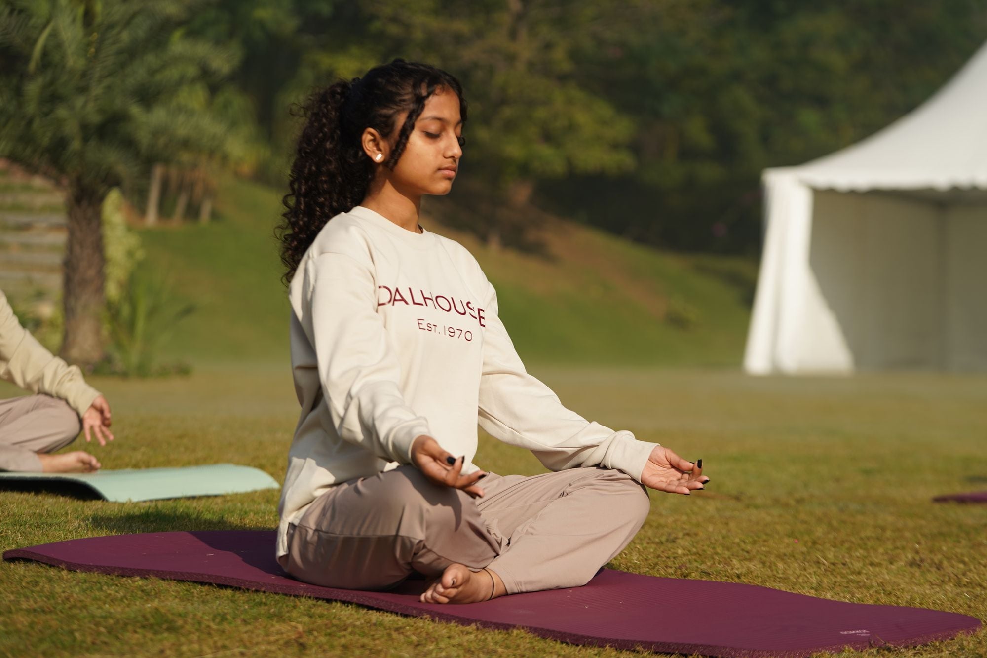 Morning yoga on the lawn